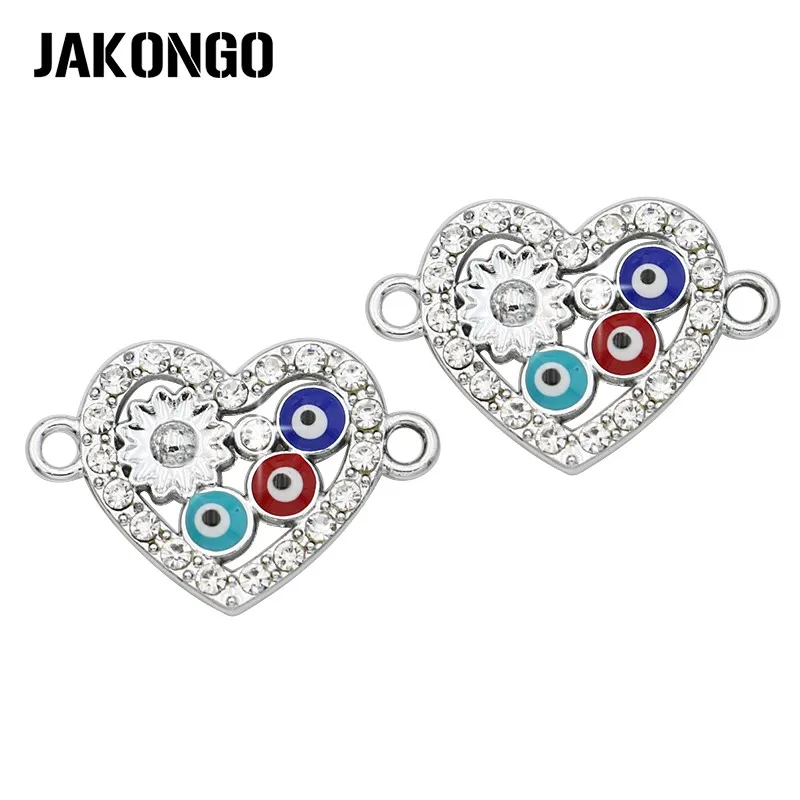 

JAKONGO Silver Plated Crystal Evil Eye Heart Connector for Jewelry Making Bracelet Findings DIY Accessories 23x16mm 5pcs