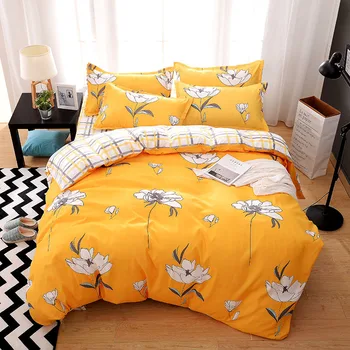 

Home Textile Flower Yellow Printed Bedding Set Bed Cover Bed Sheet Duvet Cover Pillowcase Bed Linen Bedclothes Queen Adult Teen