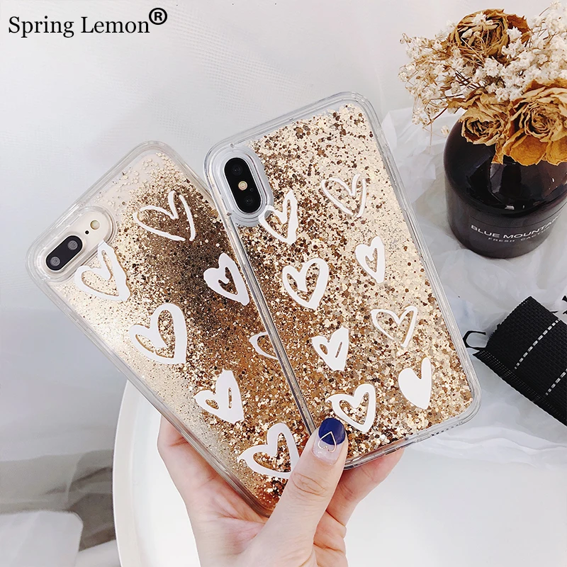 Spring Lemon The Gold Glitter White Heart Quicksand Liquid Silicone Case Cover for iphone 8 8plus X 6splus 7 7plus 6plus 6 6S |