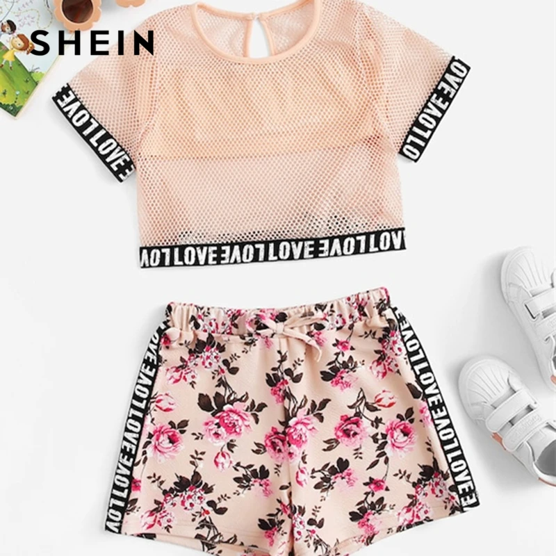 

SHEIN Kiddie Fishnet Mesh Letter Print Blouse With Floral Drawstring Shorts Girls Two Piece Set 2019 Summer Casual Clothes Sets