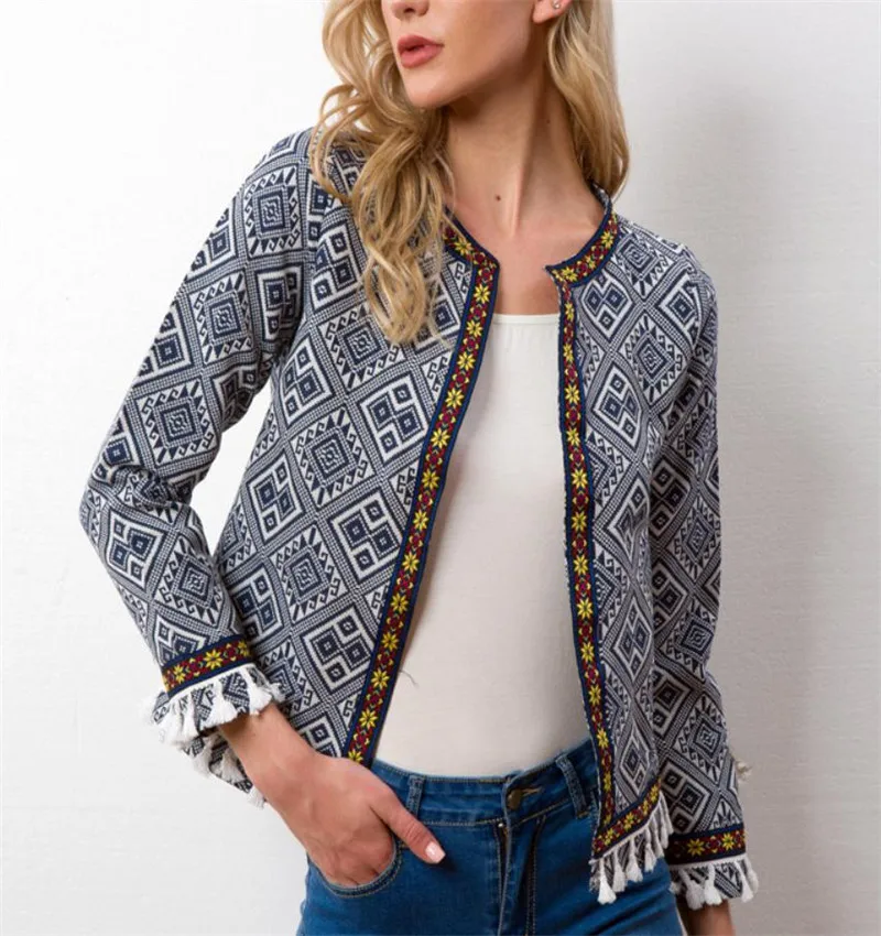 

Fashionable Lndividual Ethnic Style Splicing Tasseled Cardigan Jacket Coats With Round Collar Sexy Plaid Cardigan Jacket from