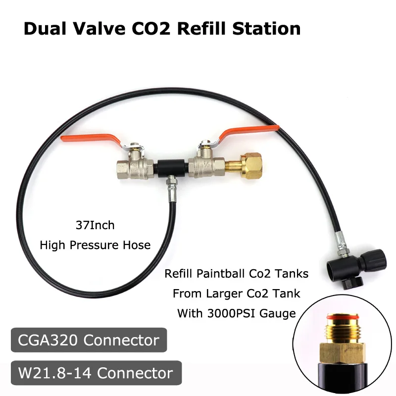 Новый Пейнтбол PCP Deluxe двойной клапан CO2 заполнить станции адаптер с манометром 37 дюймов шланг высокого давления CGA320 и W21.8-14 (DIN 477)