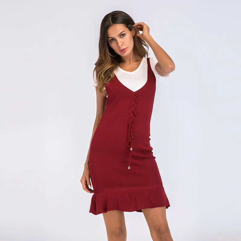 

2019 New Fashion Autumn Dress Women Sexy Sleeveless Bandage Solid Color Slim Dress Female Spaghetti Strap Knitting Dress Vestido