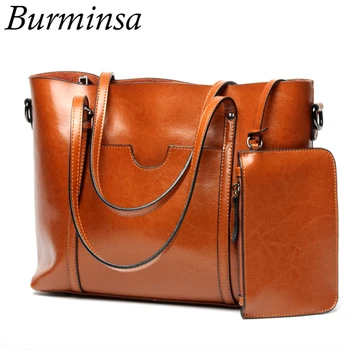 

Burminsa 2 Pcs/Set Big Women Genuine Leather Handbags Work Tote Female Shoulder Bags Vintage Ladies Messenger Bags Winter 2020