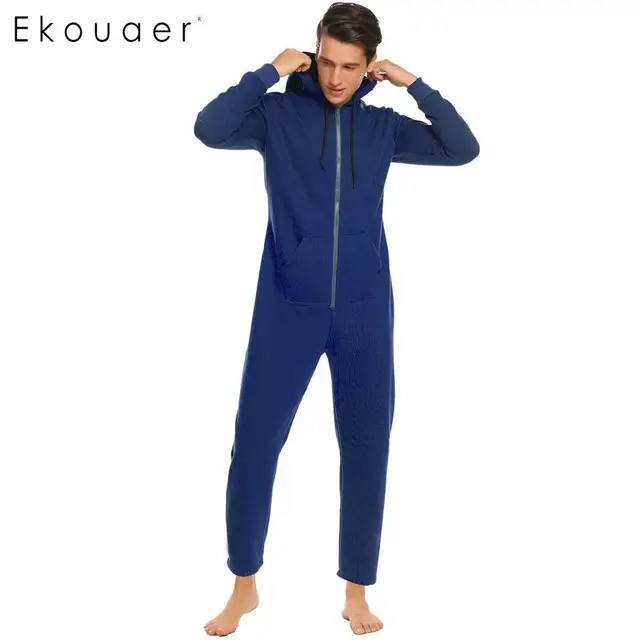 Ekouaer Men Sleepwear One Piece Pajamas Set Long Sleeve Hooded  Zip Front Fleece Lined Pajama Set Adult  Onesies Home Sleepwear