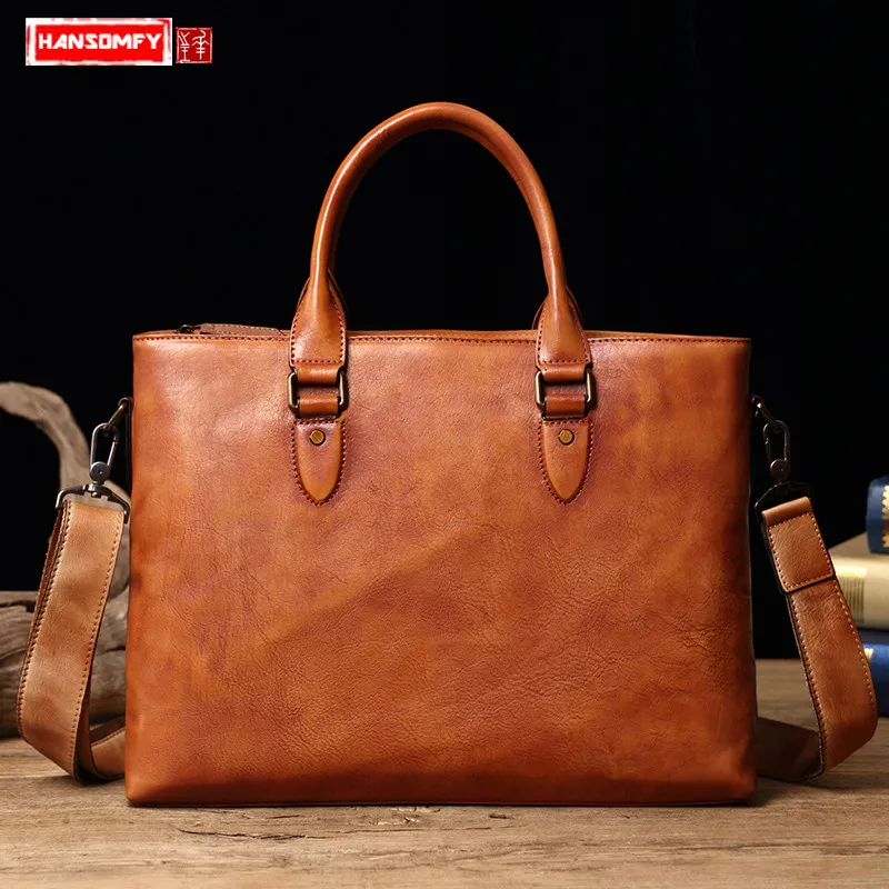 Mens Messenger Bag Mens Briefcase Genuine Leather Business Bag Messenger Bag First Layer Cowhide Leisure Bag Cross-Section Mens Bags Suitable for Business Casual Laptop Bag Briefcase Satchel Bag