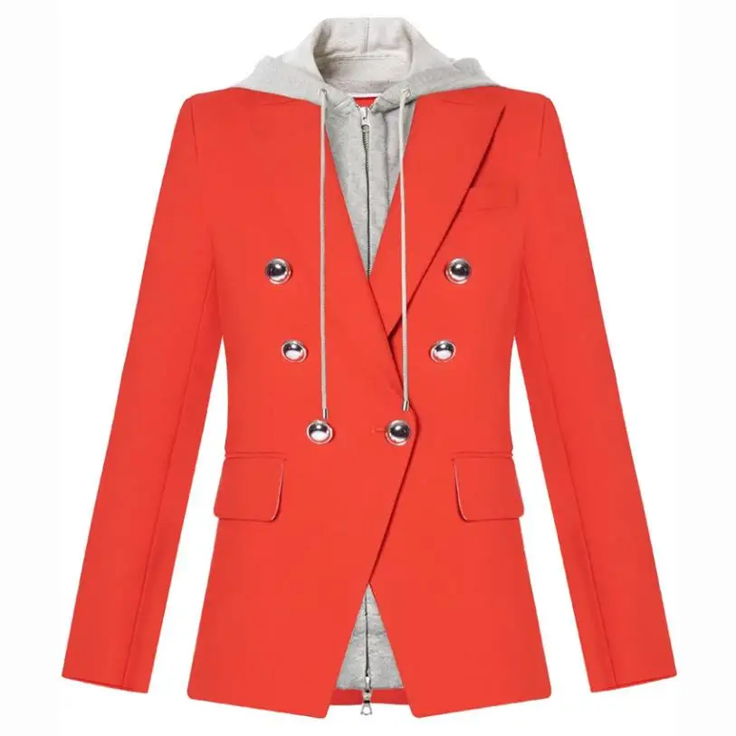 

HIgh quality fake two pieces hooded blazer double breasted blazer female long sleeve metal buttons outwear wq1423 dropship