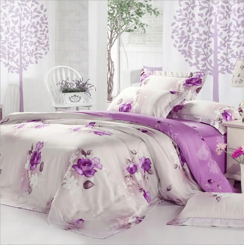Purple Tencel Silk Duvet Cover King Queen Size 4pcs Super Soft Bedding