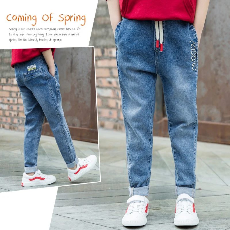 Светлые джинсы для мальчиков весна г. новые штаны для мальчиков от 3 до 10 до 14 лет, детские джинсы с завязками костюм для подростков детские штаны