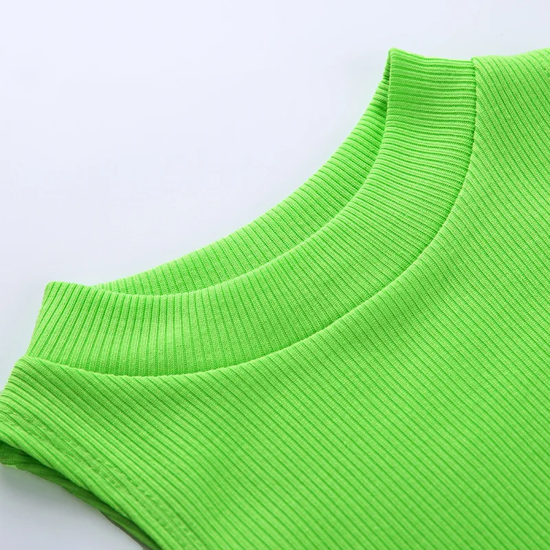 Ребристый вязаный неоновый зеленый укороченный топ Женская одежда модная Облегающая майка укороченный жилет праздничные летние топы неоновый