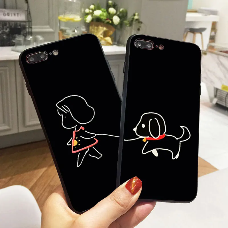 

Cartoon Lady with Dog Lover Couple Case Black Soft Silicone Phone Case Cover for iPhone 10 X 5 S SE 5S XR XS Max 6 6S 7 8 Plus