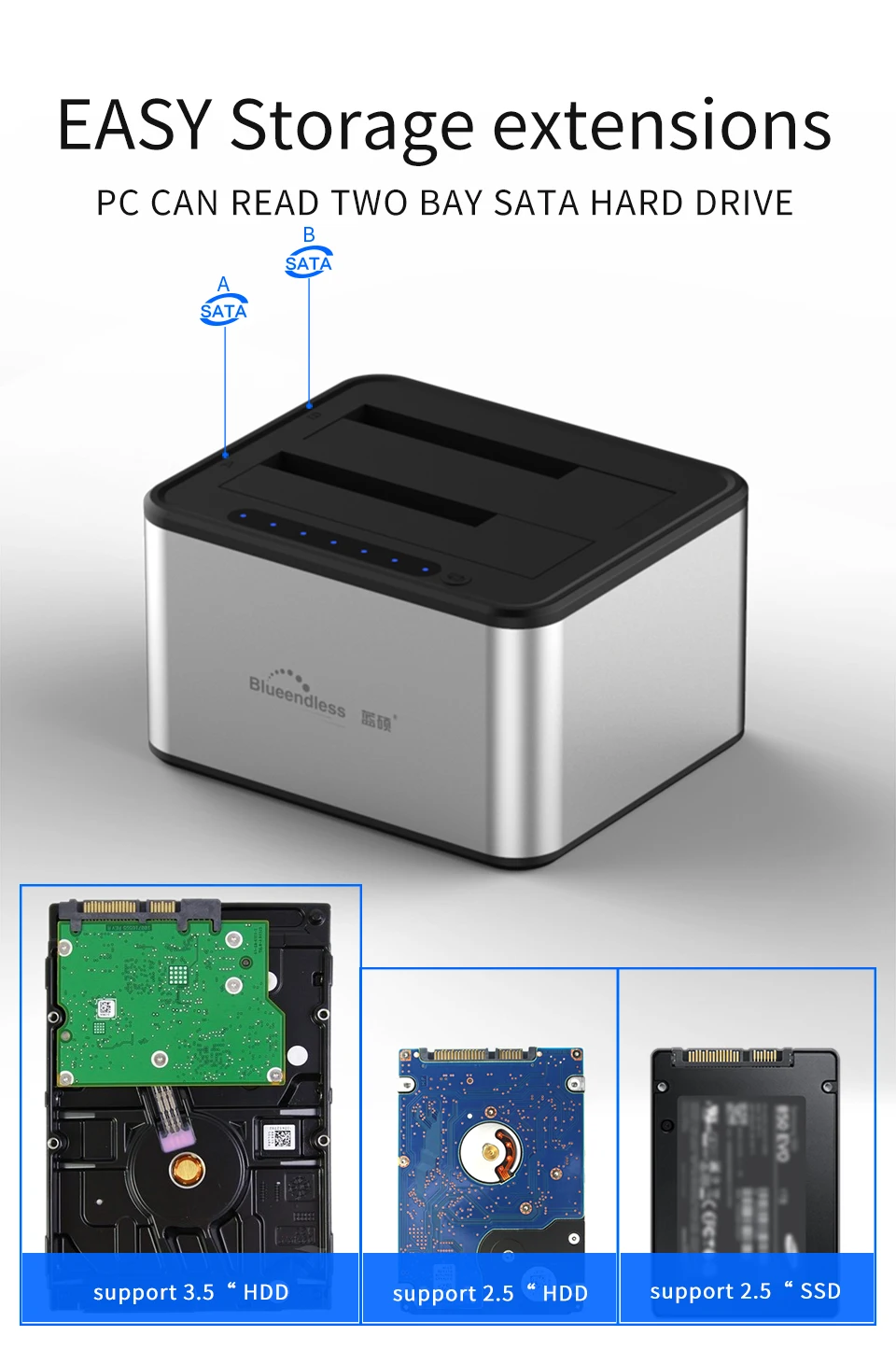 HDD док-станция диск дублирование 2 Отсек Копировать один диск в другой USB 3,0 Тип B Макс 5 Гбит/с полный алюминий 2,5 ''/3,5'' SATA диск