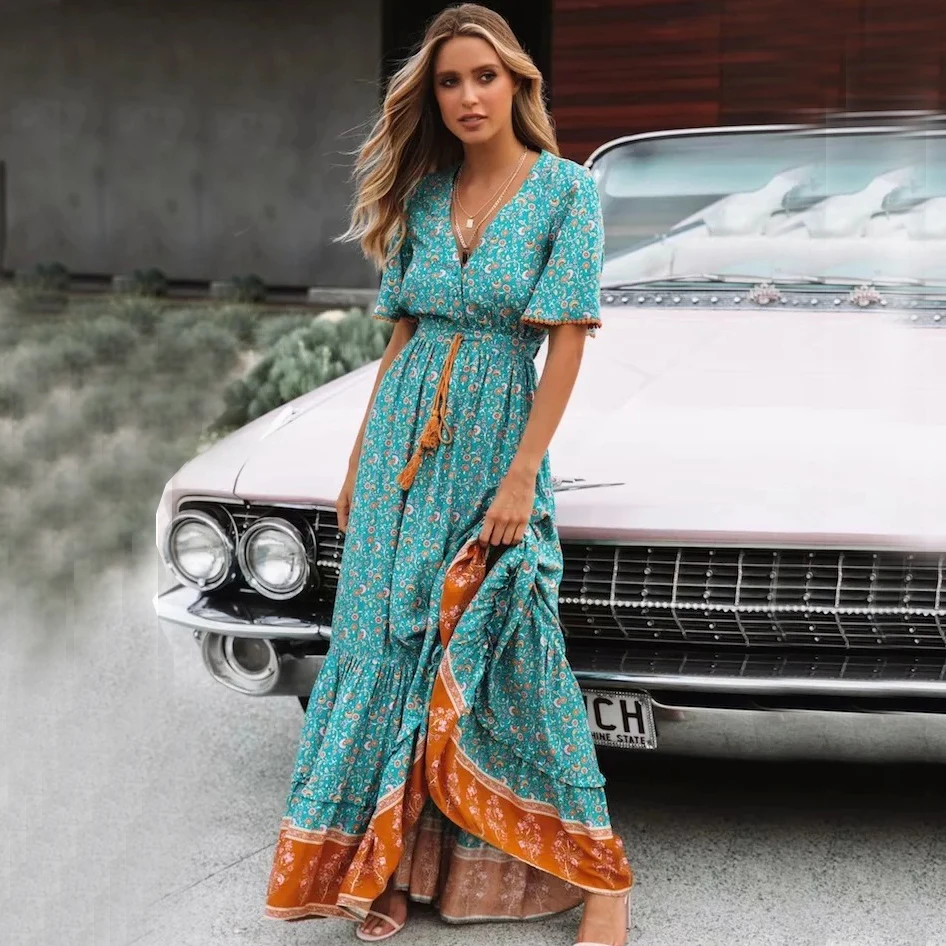 

Khalee Yose Green Floral Maxi Dress Women summer long dress cotton Tassel Ruffle Tie Lace Up Boho Beach Vintage holiday Dresses