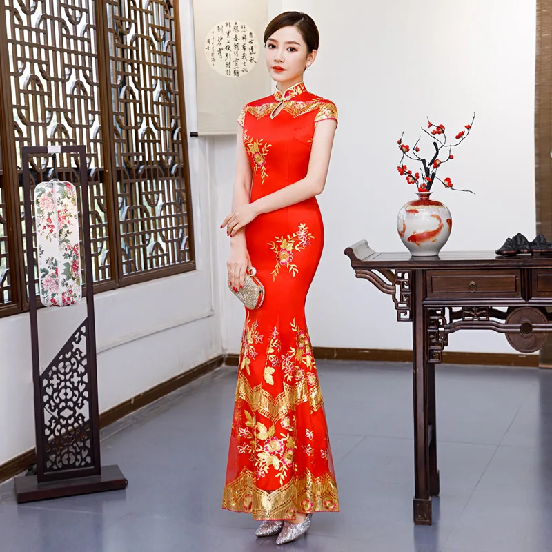 Красный вышивка Cheongsam Сексуальные платья Qipao длинный китайский традиционный свадебный платье восточные Свадебные платья с коротким рукавом QLX