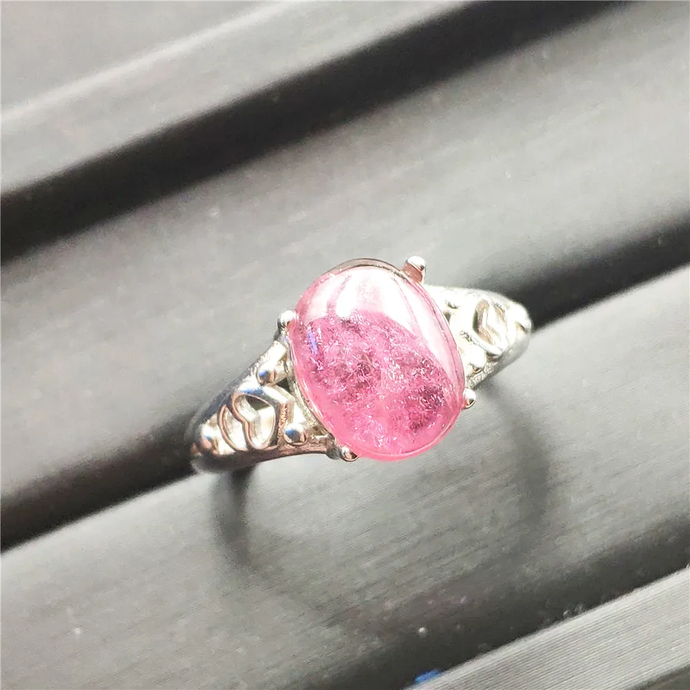 

Natural Red Tourmaline Pink Crystal Clear Bead Adjustable Woman Ring 11x9mm Wedding 925 Sterling Silver Ring AAAAA