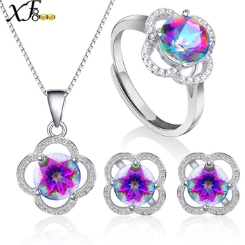 

XF800 Gem Stone Jewlery Set Genuine Crystal Topaz Necklace Pendant Ring Earring 925 Sterling Silver Jewelry Gift For Women T238