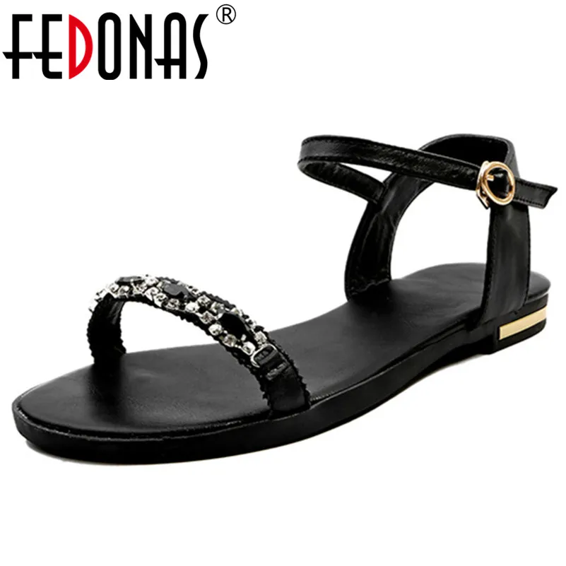 

FEDONAS 2019 Summer New Genuine Leather Women Sandals Concise Sweet Square Heeled Shoes Woman Blingbling Party Prom Basic Shoes