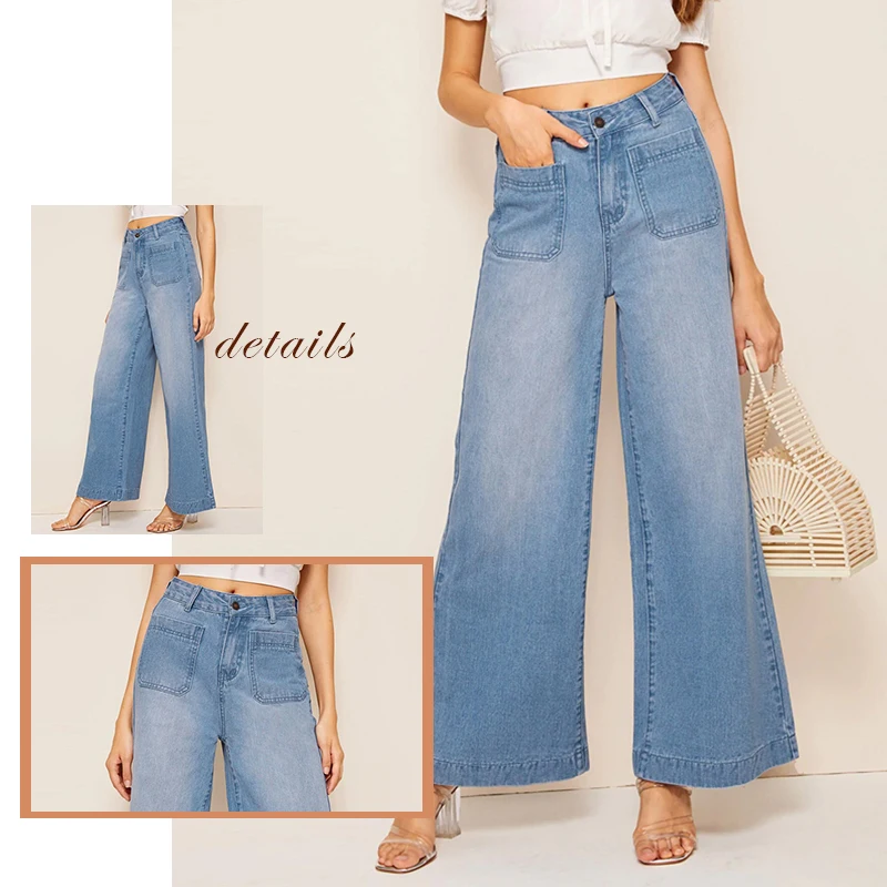 Sheinside Blue Vintage Double Pocket Detail Jeans Women Summer Mid Waist Wide Leg Trousers Ladies Denim Button Pants