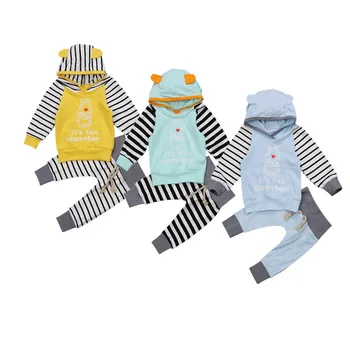 

Pudcoco Cute 2PCS Baby Boys Girls Clothes 2017 Set Hooded Milk Tops T-shirt Pants Striped Hat Striped Outfits Set Autumn 0-24M
