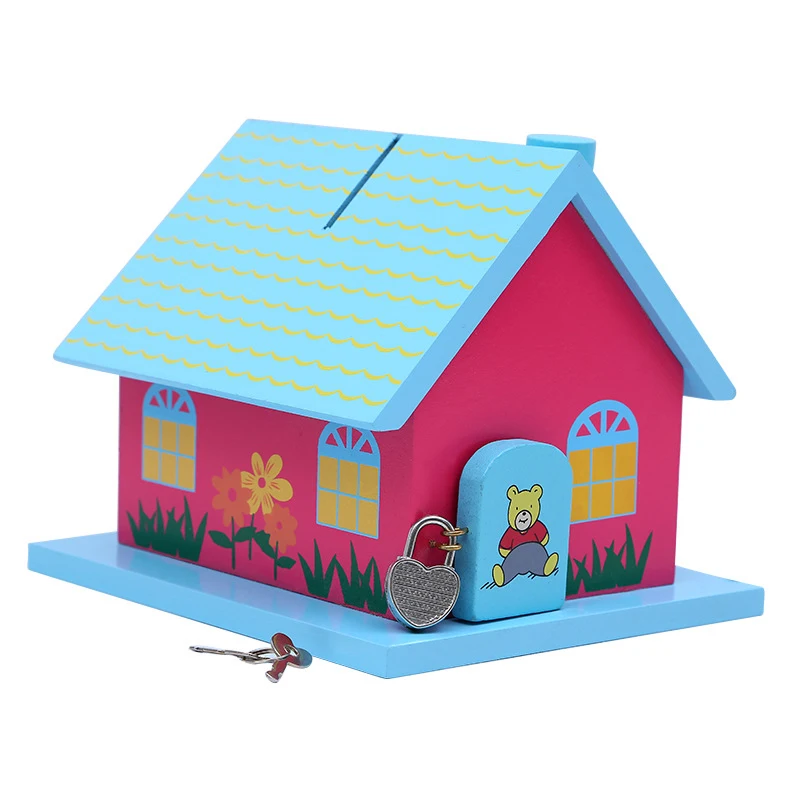 Wooden Toy Building Savings House Lock Small House Piggy Bank Wooden