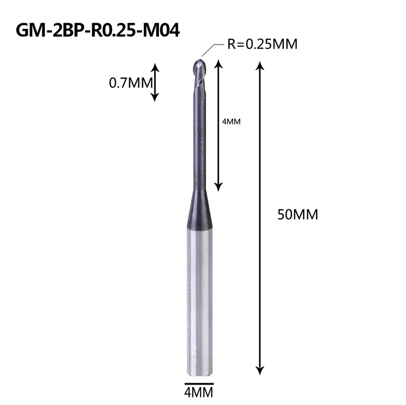 GM-2BP R0.25-0.75, Вольфрамовая сталь, 2 флейты, круглый нос, длинная шея, короткая режущая кромка, с покрытием, Концевая фреза с ЧПУ, фреза, режущие инструменты - Длина режущей кромки: GM-2BP-R0.25-M04