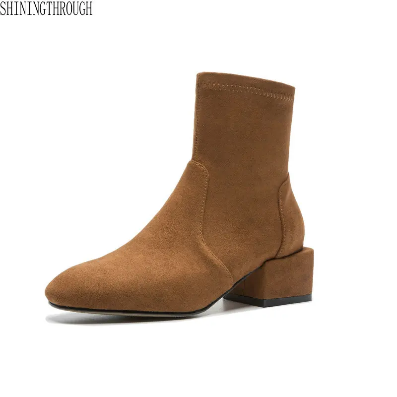 

2018 Winter Short Boots Genuine Leather Ankle Boots Woman Brown Black Low Heel Boots Chelsea Square Toe Autumn Shoes