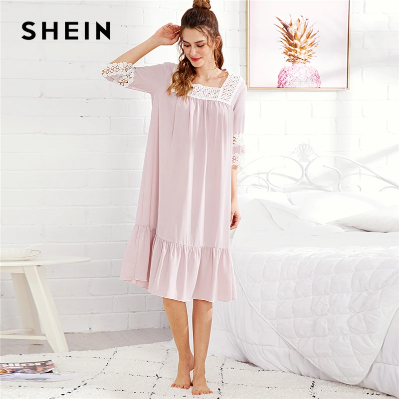 Buy SHEIN Pink Casual Lovely Lace Trim Ruffle Hem