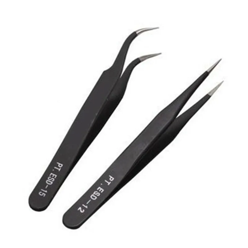 2pcs/set Nail Anti static stainless steel tweezers straight elbow head