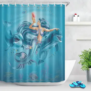 

Blue Ocean Beauty Mermaid Lovely Dolphin Conch Shower Curtains Waterproof Custom Bathroom Curtain Fabric For Kids Bathtub Decor