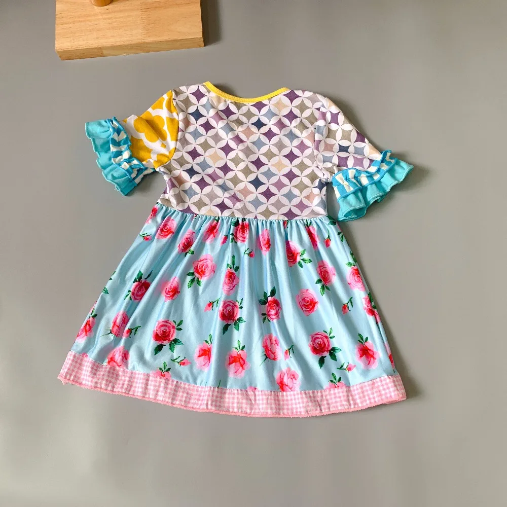 Pink flower princess dress geometry Ruffle Baby Girls Flare Sleeve Dress for present