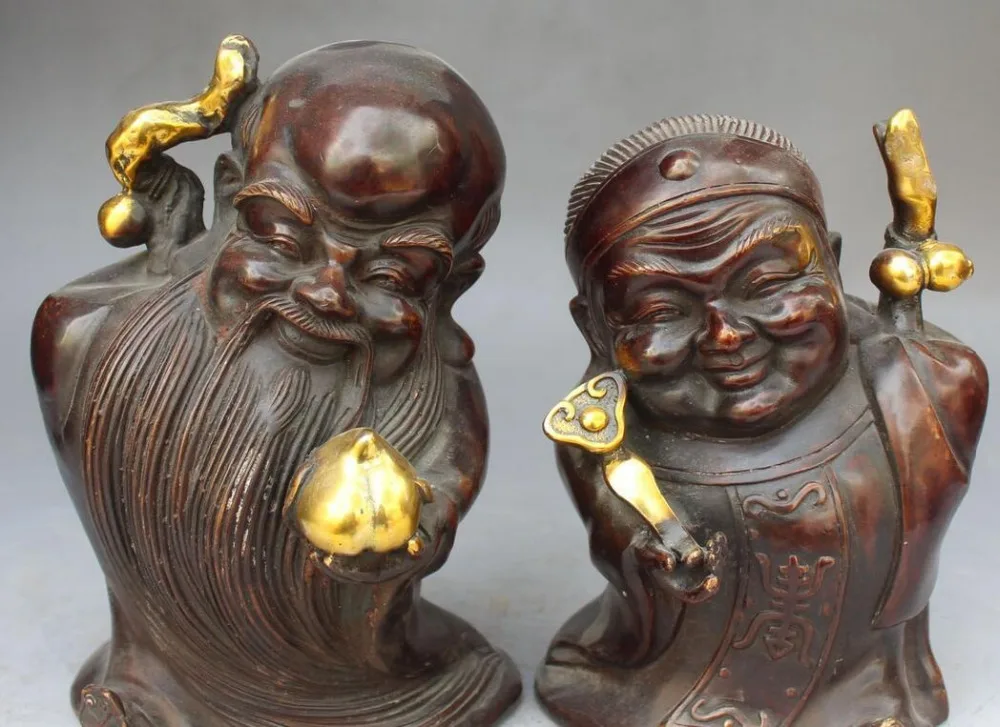 

6710548++8"Bronze Gilt Stand Longevity Grandpa Grandma Hold Crutch Ru Yi Peach Set Statue