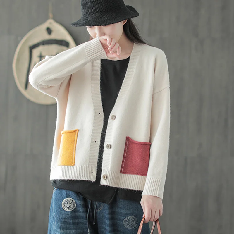 Johnature 2018 Autumn New Women Sweater Coats Knitted Cardigan Pockets Button V-Neck Long Sleeve Mori Girl Print Cartoon Sweater