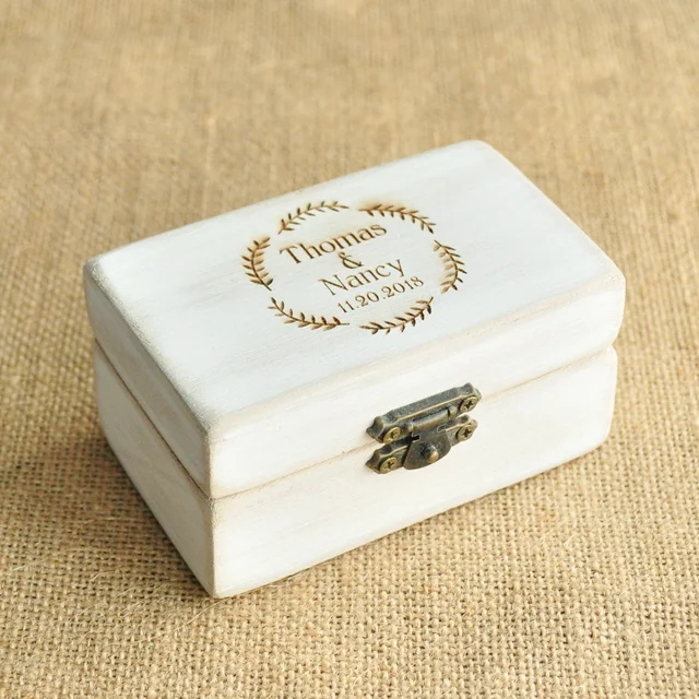 Персонализированная Свадебная коробка в стиле ретро, Белая Деревенская коробка для колец, коробка для обручального кольца, коробка для обручальных колец с именем и датой на заказ