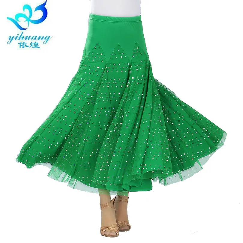 Женская юбка для фламенко, бальных танцев, современный вальс, танго, танцевальная юбка для соревнований, латинские большие качели, стразы#2613 - Цвет: Green