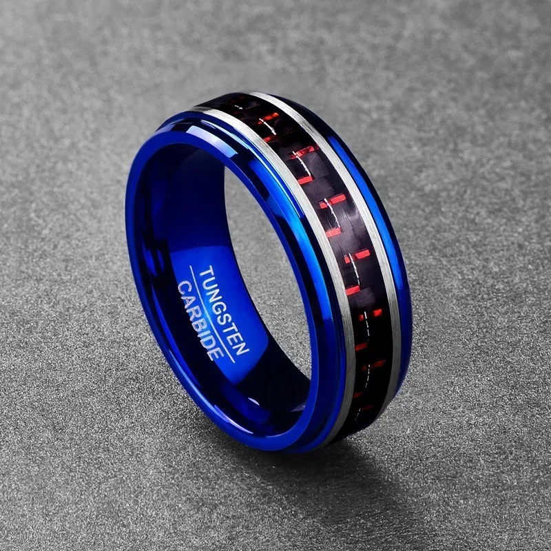 Обручальные кольца обручальное кольцо для женщин и мужчин 8 мм инкрустированное красное углеродное волокно синее вольфрамовое стальное кольцо Размер 7-12