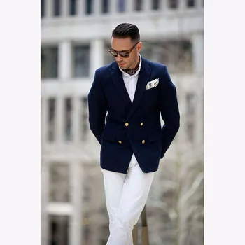

2017 Latest Coat Pant Designs Navy Blue Double Breasted Men Suit Casual Blazer Groom Tuxedo Custom mens Suits terno Masculino