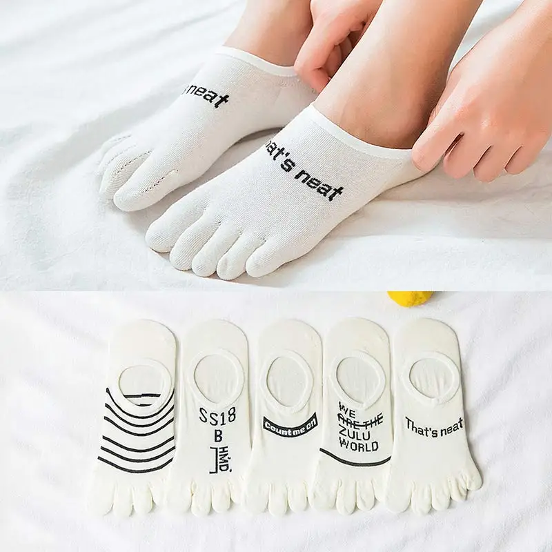 

1 Pairs/Lot Five Finger Sock Ladies Autumn Winter New Non-Slip Boat Sock Simple Personality Letters Cotton Toe Sock 5 Colors