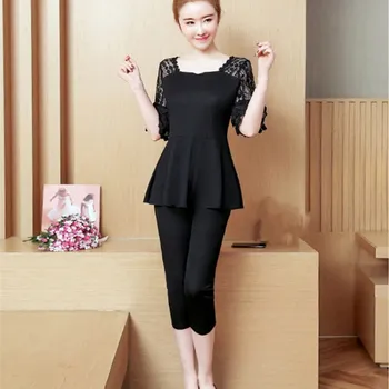 

5Xl Plus Size Summer Black Lace Patchwork Two Piece Sets Hollow Out Casual Flare Sleeve Tops Calf-Length Pants Women Suits
