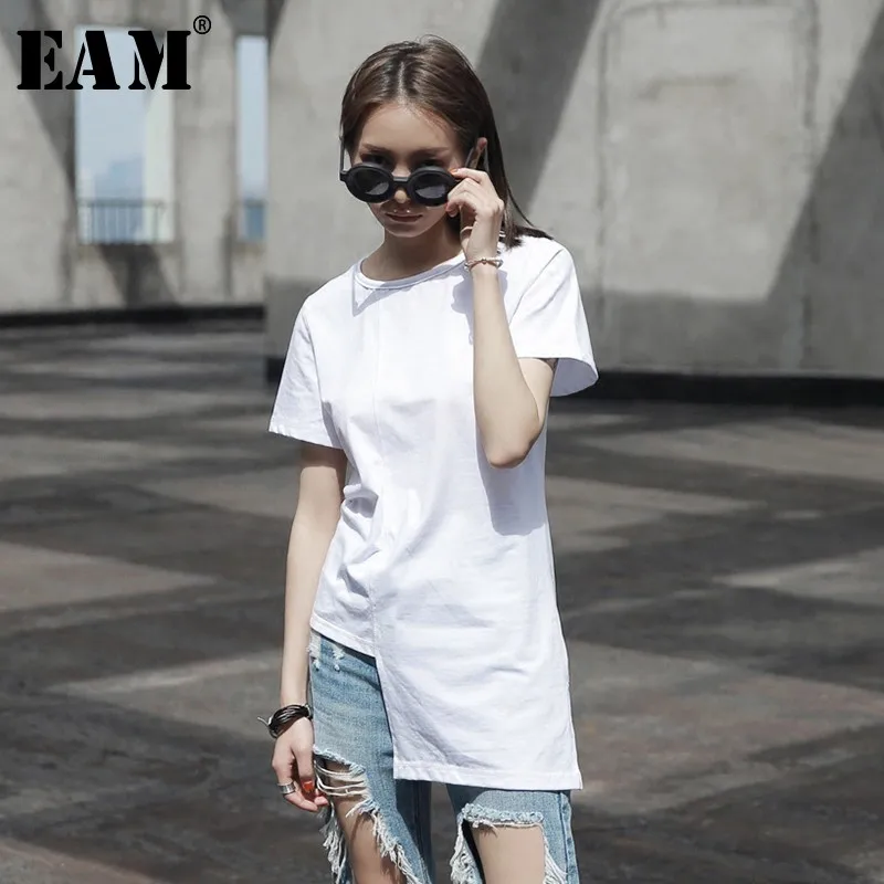 

[EAM] 2019 New Spring Summer Round Neck Short Sleeve Black Brief Loose Irregular Hem Stitch T-shirt Women Fashion Tide JL446