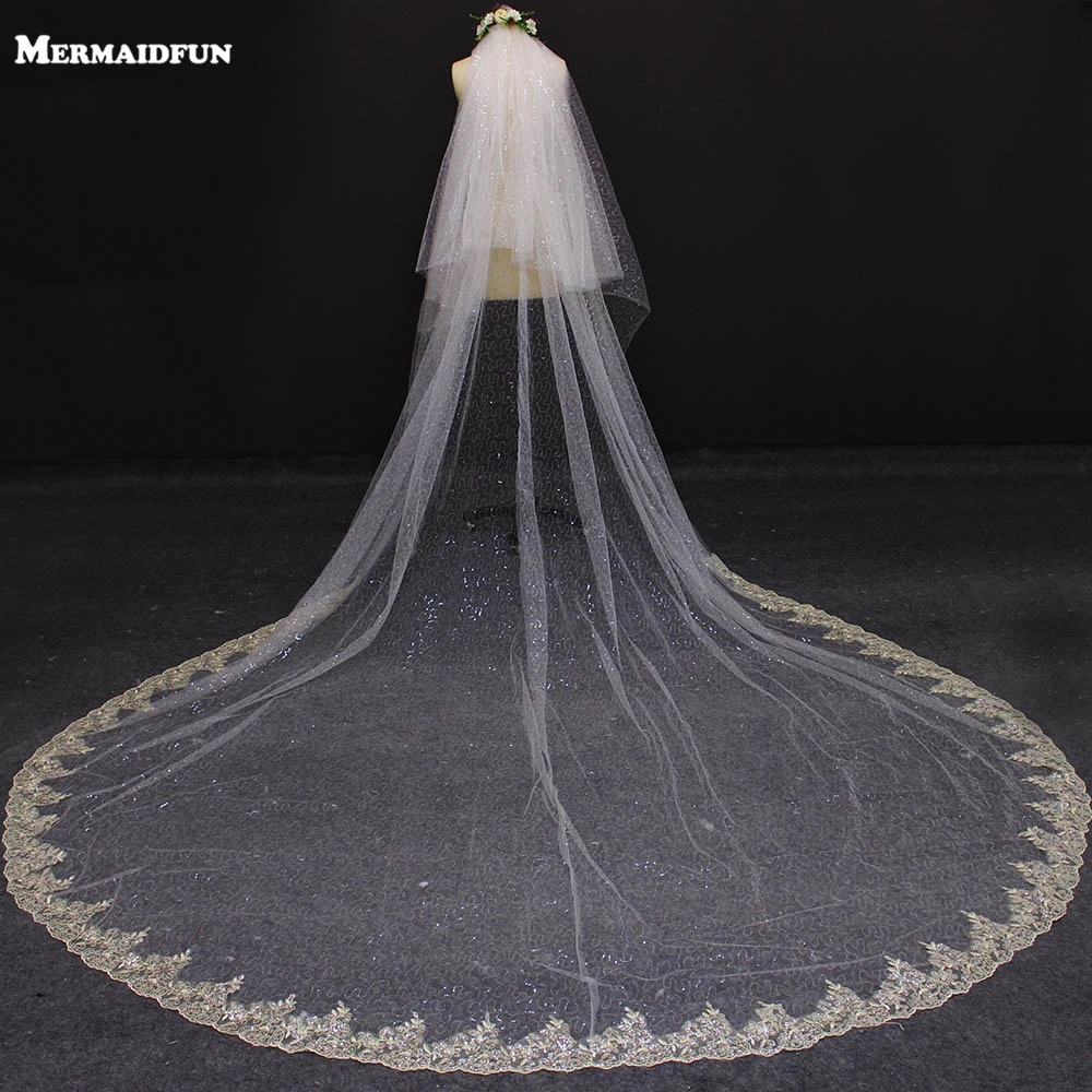 

2019 Real Photos 4 Meters Two Layer Champagne Lace White Ivory Tulle Wedding Veil With Comb Beautiful Bridal Veil for Wedding