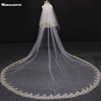 

Real Photos 4 Meters Two Layer Champagne Lace White Ivory Tulle Wedding Veil With Comb Beautiful Bridal Veil for Wedding