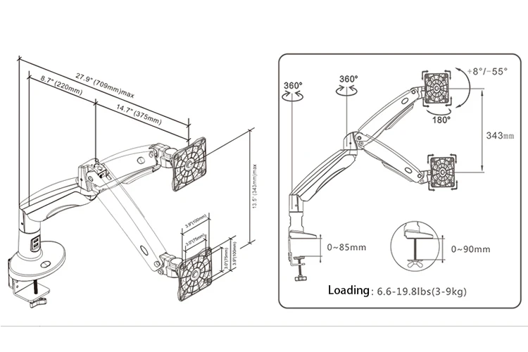 NB F100A газовая пружинная рукоятка 22-35 дюймов экран монитор держатель на 360 вращается наклон поворотный Настольный монитор кронштейн с двумя usb-портами