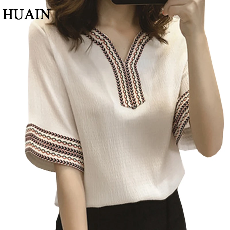 

Embroidery Blouse Shirt Women Ethnic Style White Shirt Short Sleeve Summer 2018 V-Neck Fashion Tops Female Clothing Women Blouse
