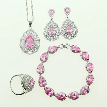 

Fashion Women 925 Sterling Silver Jewelery Pink Cubic Zirconia Crystal Earrings/Pendant/Necklace/Ring/Bracelet Jewelry Sets