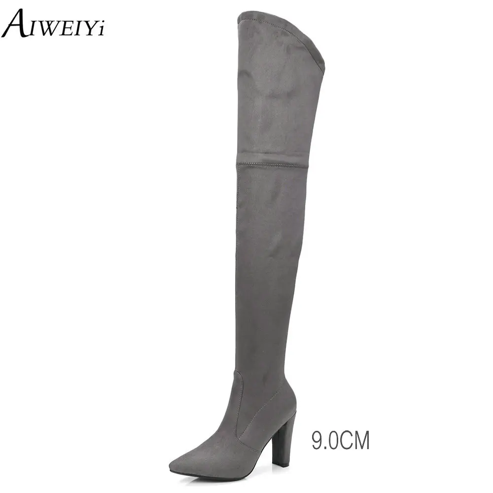 

AIWEIYi Platform Over The Knee Boots Square High Heels Pointed Toe Thigh High Boots Spring Autumn Suede Long Boots