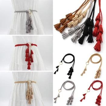 

1PCS Fashion Braided Tassel Waist Belt Thin Waist Rope 3 String Fringed Knotted Weaving Knit Belt Women Harajuku Dress Waistband