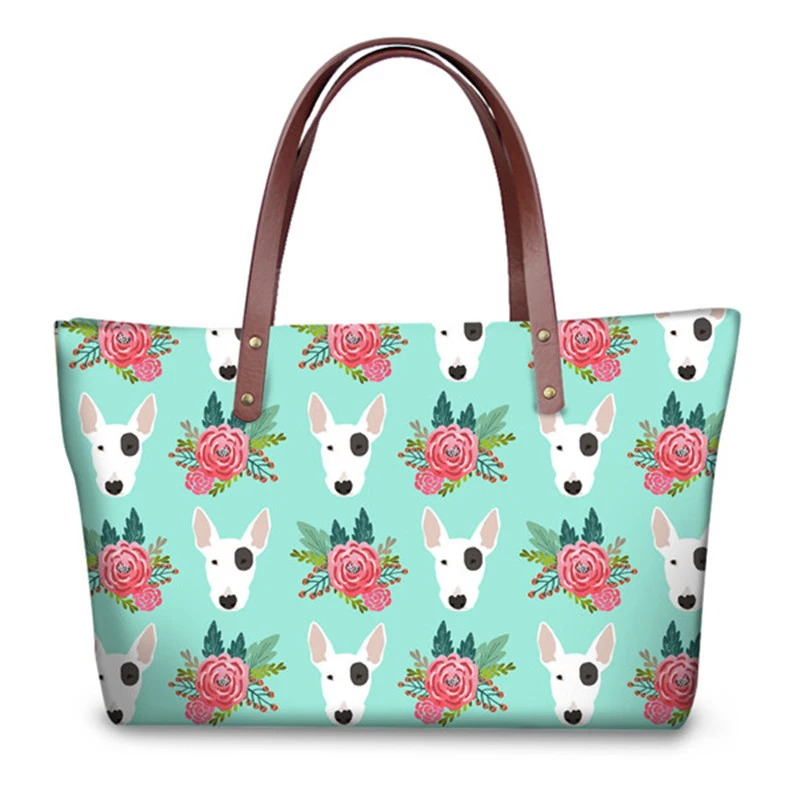 

Casual Women Handbags Cute Animal Bull Terrier Floral Print Female Large Capacity Shopping Bags Durable Shoulder Bag