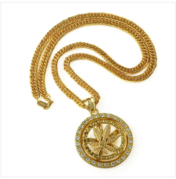 New! High Quality Hemp Leaf Can Rotate Pendant Necklace Fashion HipHop Ci TY Boy Accessories Silver 90cm Long Chain Men Jewelry