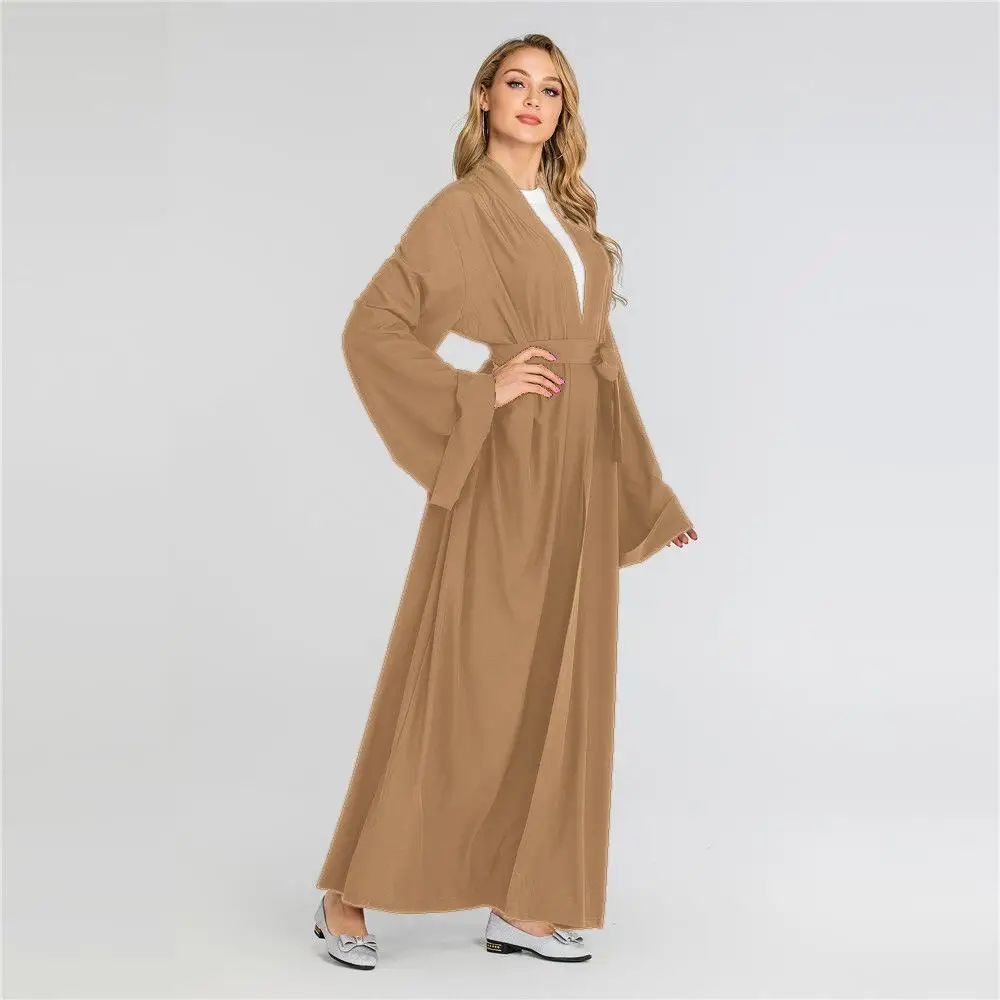 New Open Front Cardigan Dubai Kimono Abaya Maxi Dress Muslim For Women Solid Color Long Sleeve Arab Robe Gown Middle East Dress