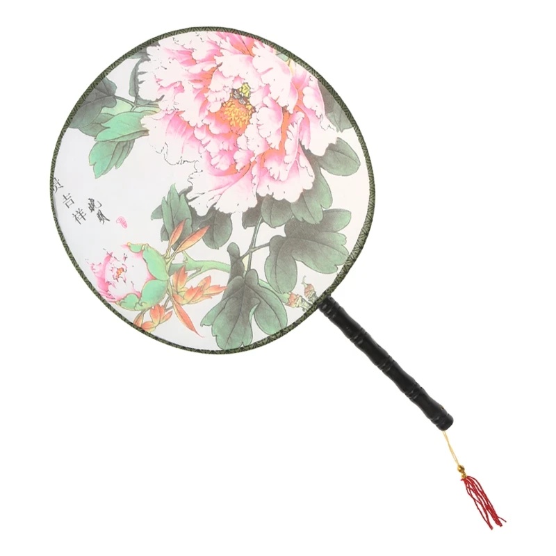 Wood Handle Chinese Vintage Palace Round Hand Fan Print Wedding Party Dance_WK 